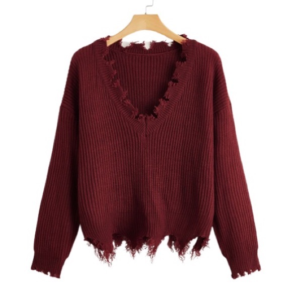 Andrée by Unit Burgundy Knit Frayed Hem V-Neck Sweater Womens Size S - Picture 1 of 8